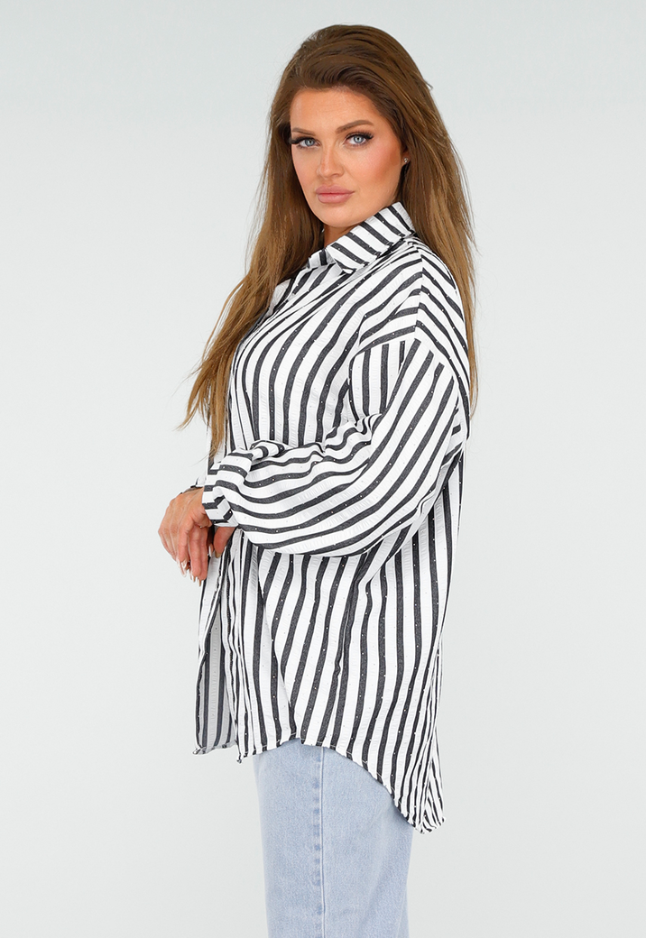 Zwart-Wit Gestreepte Blouse met Knoopsluiting, Kraag en Glittersteentjes