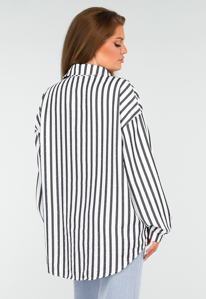 Zwart-Wit Gestreepte Blouse met Knoopsluiting, Kraag en Glittersteentjes