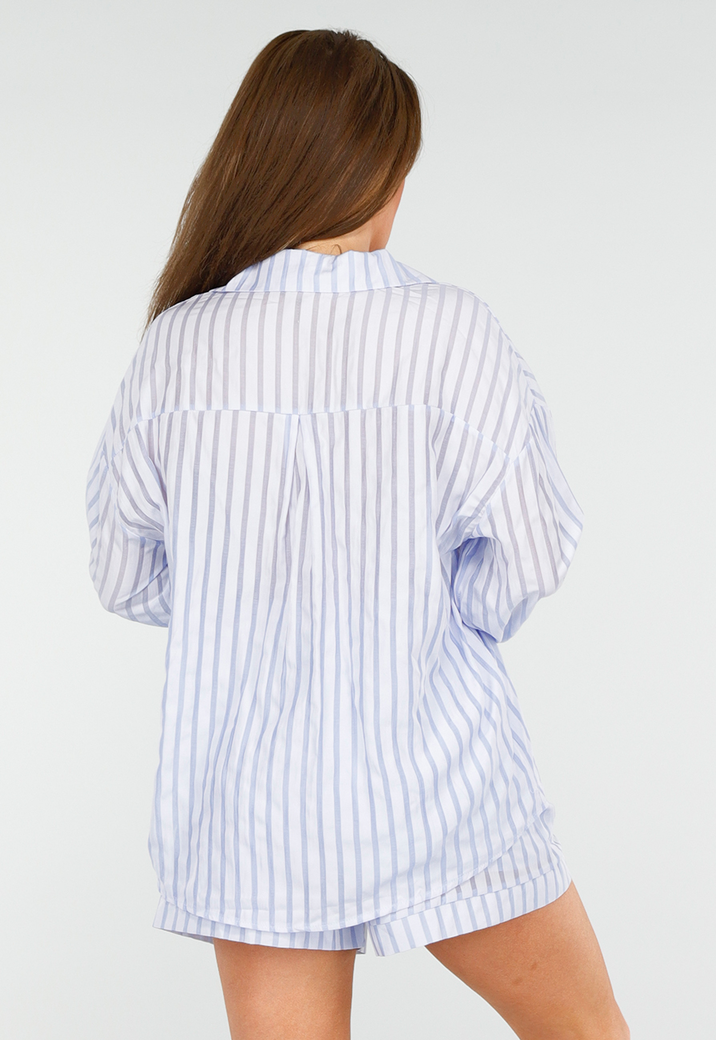 Blauwe Set van Short en Blouse met Streepjes en Elastische Tailleband