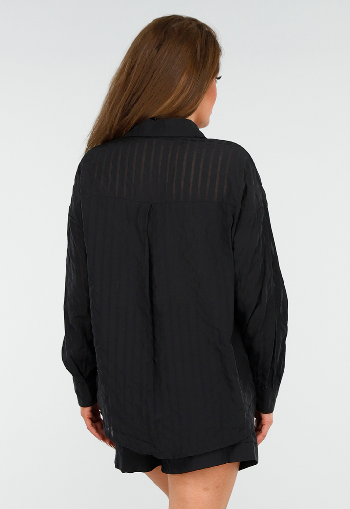 Zwarte Set van Short en Blouse met Streepjes en Elastische Tailleband