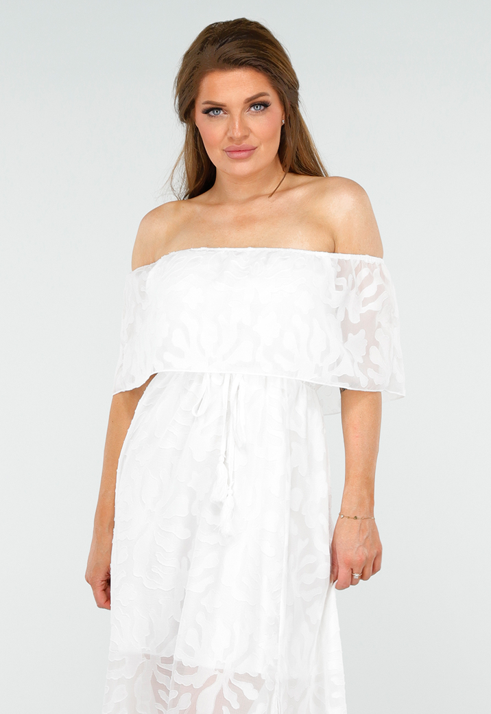 Witte Off Shoulder Maxi Jurk met Kant en Taillekoord