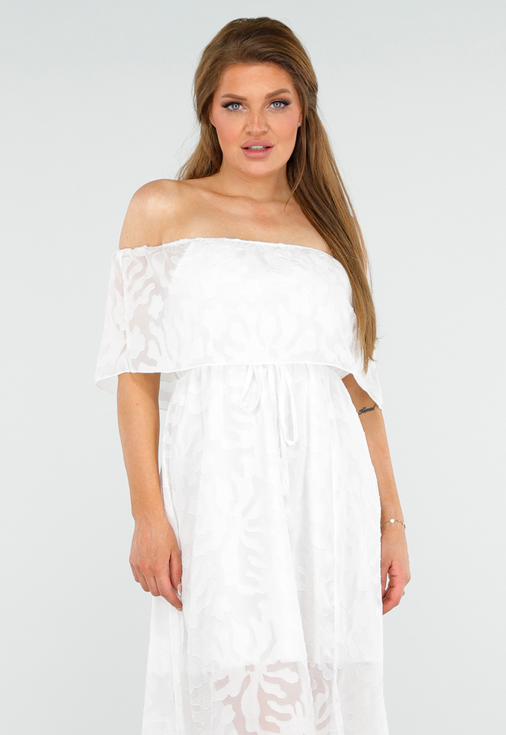 Witte Off Shoulder Maxi Jurk met Kant en Taillekoord