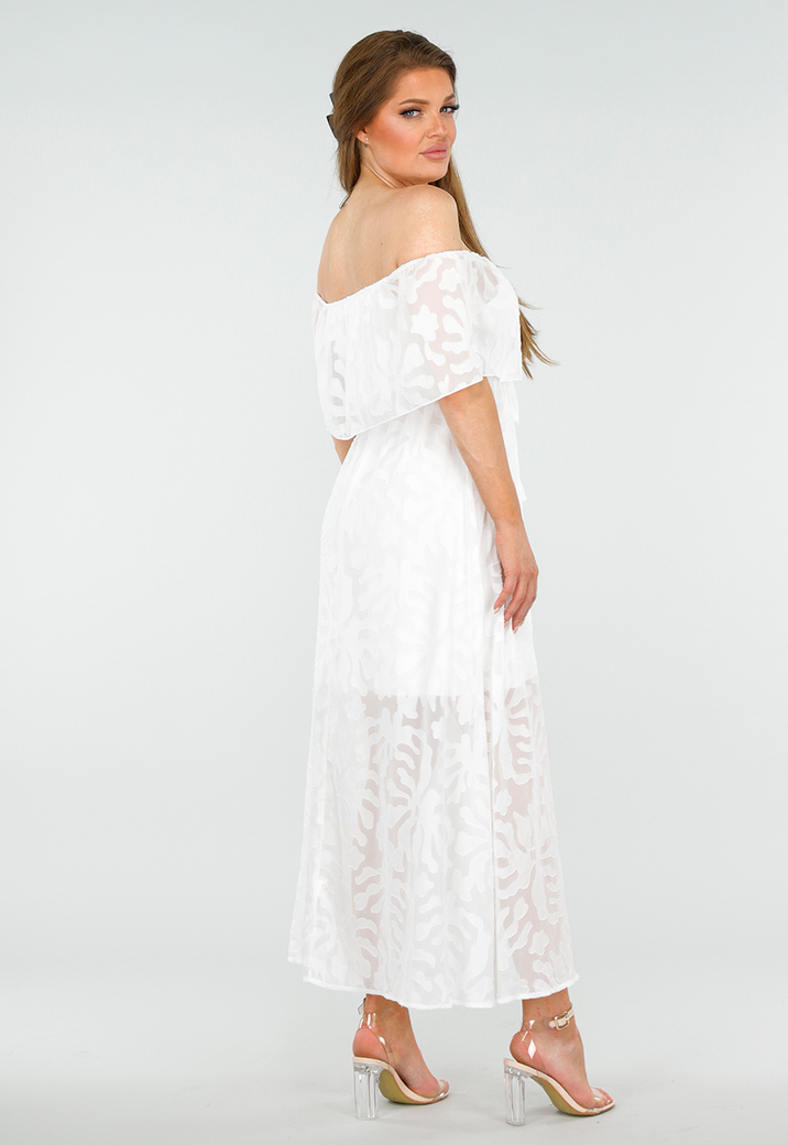 Witte Off Shoulder Maxi Jurk met Kant en Taillekoord