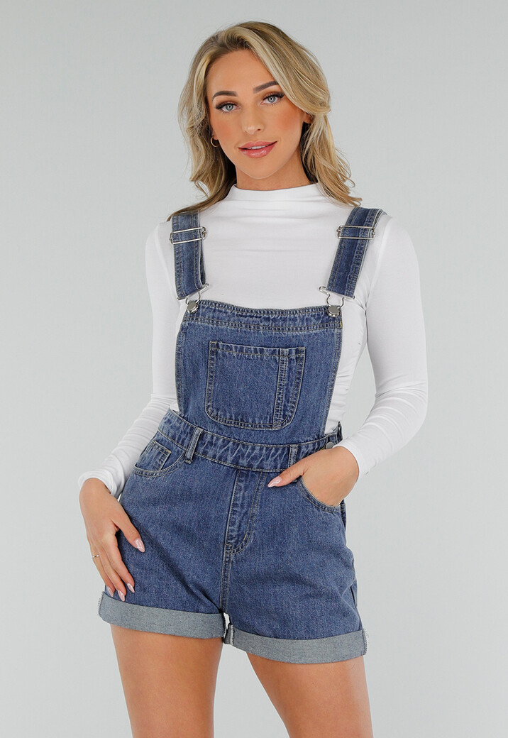 Denim Tuinbroek Playsuit met Verstelbare Bandjes en Zakken