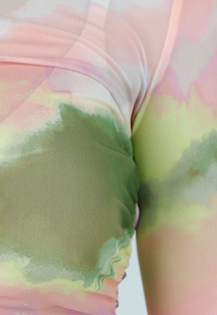 Groen Roze Watercolor Stretch Crop Top met Lange Mouwen en Plooien