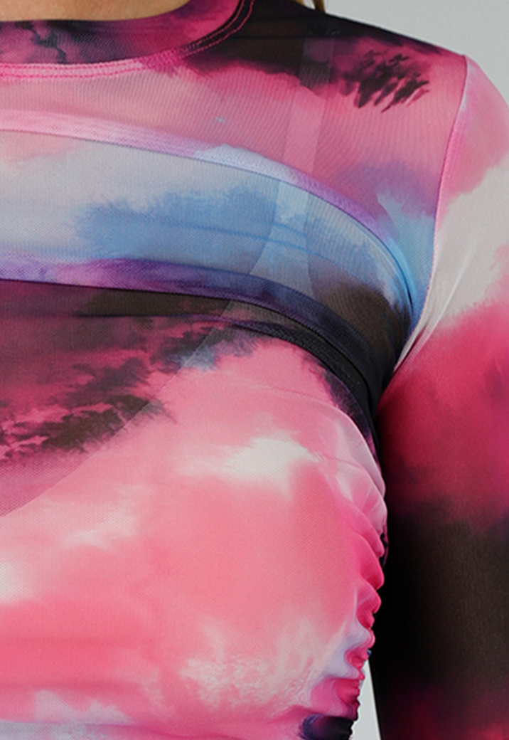 Zwart Roze Watercolor Stretch Mesh Cropped Top met Lange Mouwen en Geplooid Detail