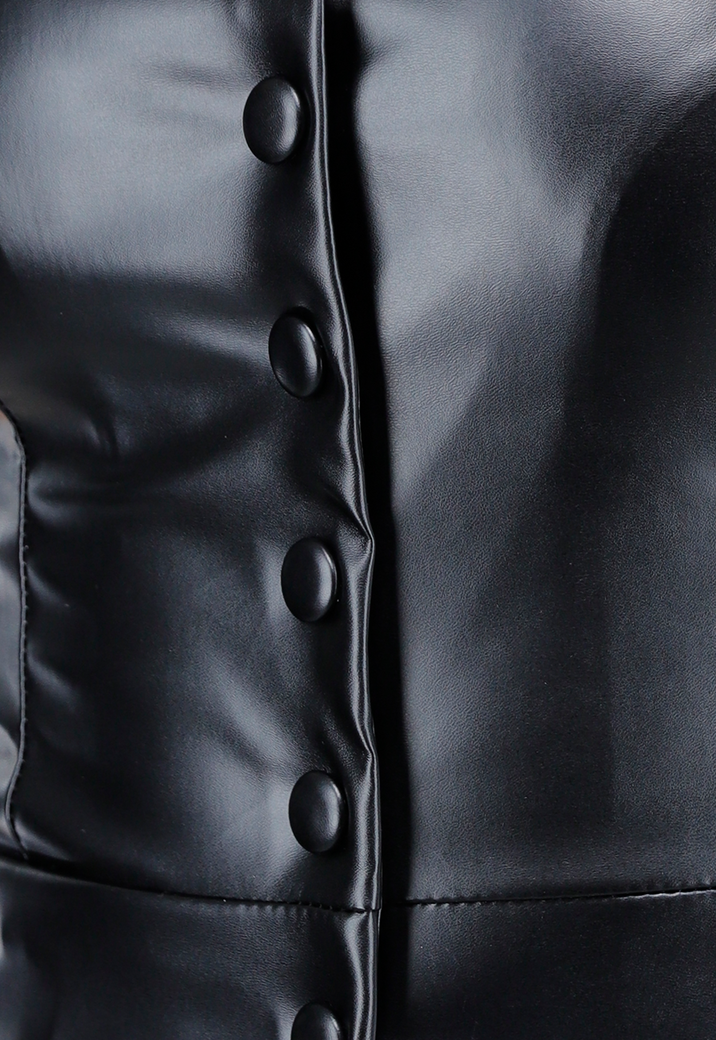 Zwarte Strapless Top van Imitatieleer met Drukknopen en Lichte Stretch