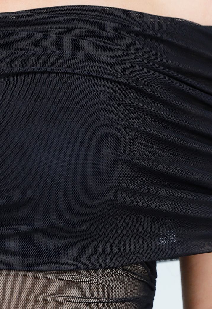 See Through Doorschijnende Zwarte Off-Shoulder Stretch  Mesh Top