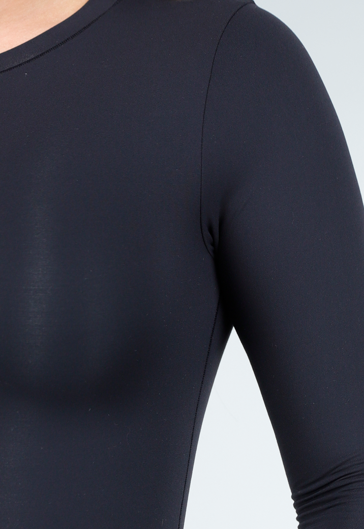 Zwarte Stretch String Bodysuit met Lange Mouwen en Ronde Hals