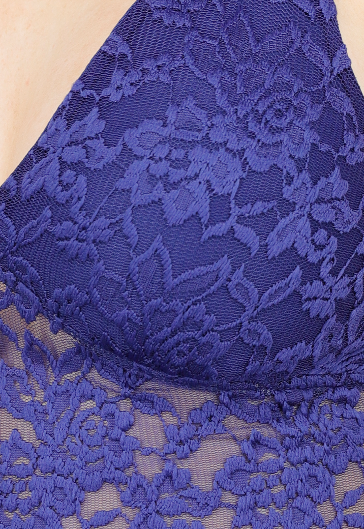 Donkerblauwe Kanten Stretch Haltertop met Open Rug en Gevoerd Detail