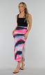 Multicolour High Waist Maxi Stretch Rok met Tailleband en Plooien