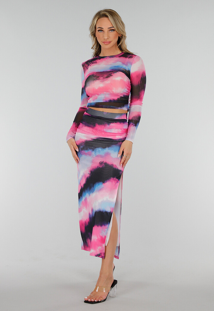 Multicolour High Waist Maxi Stretch Rok met Tailleband en Plooien