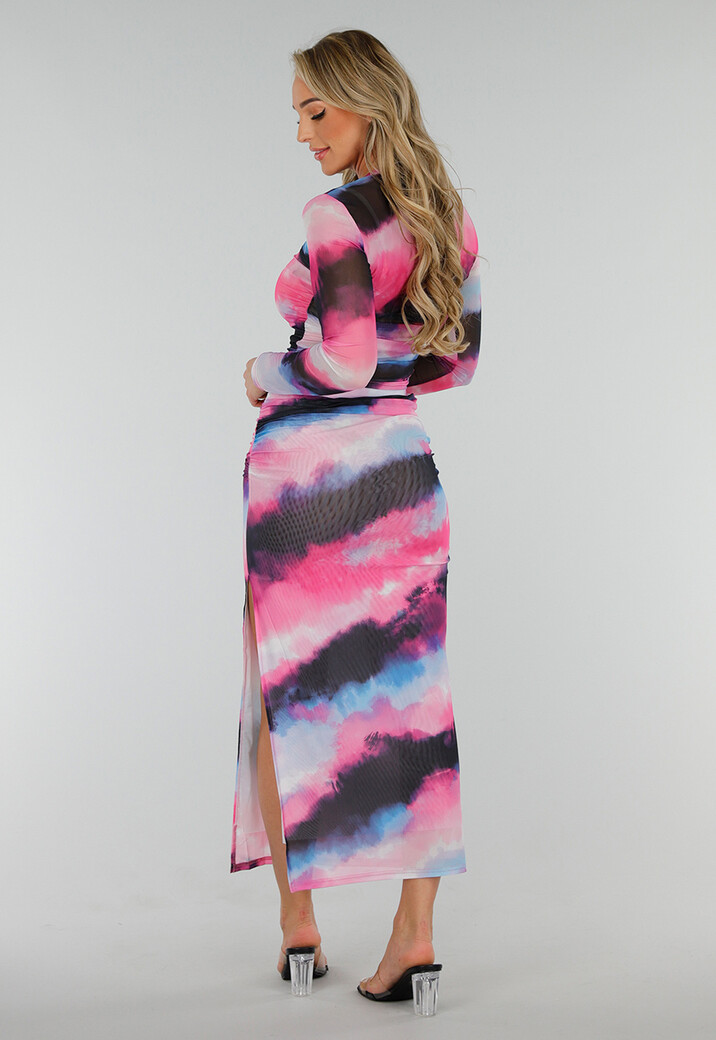 Multicolour High Waist Maxi Stretch Rok met Tailleband en Plooien