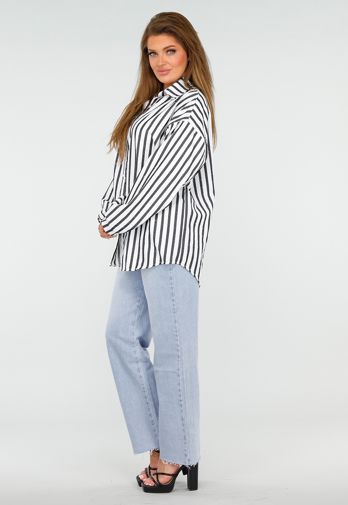 Zwart-Wit Gestreepte Blouse met Knoopsluiting, Kraag en Glittersteentjes