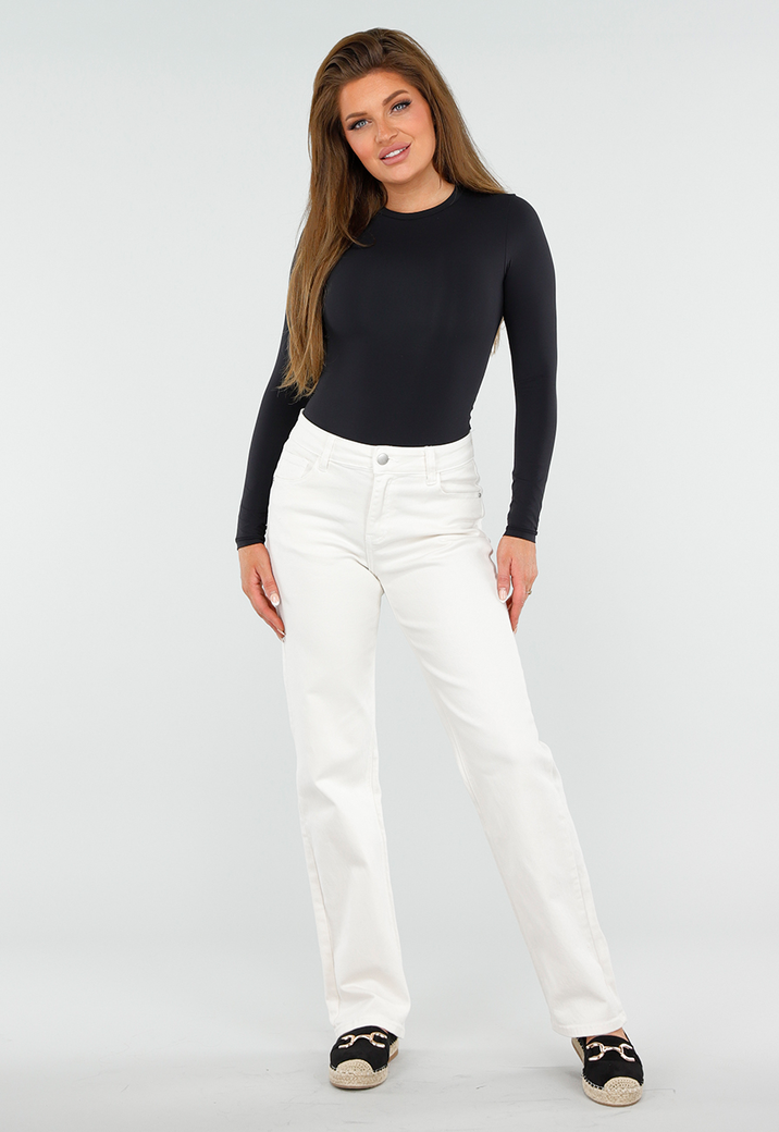 Zwarte Stretch String Bodysuit met Lange Mouwen en Ronde Hals