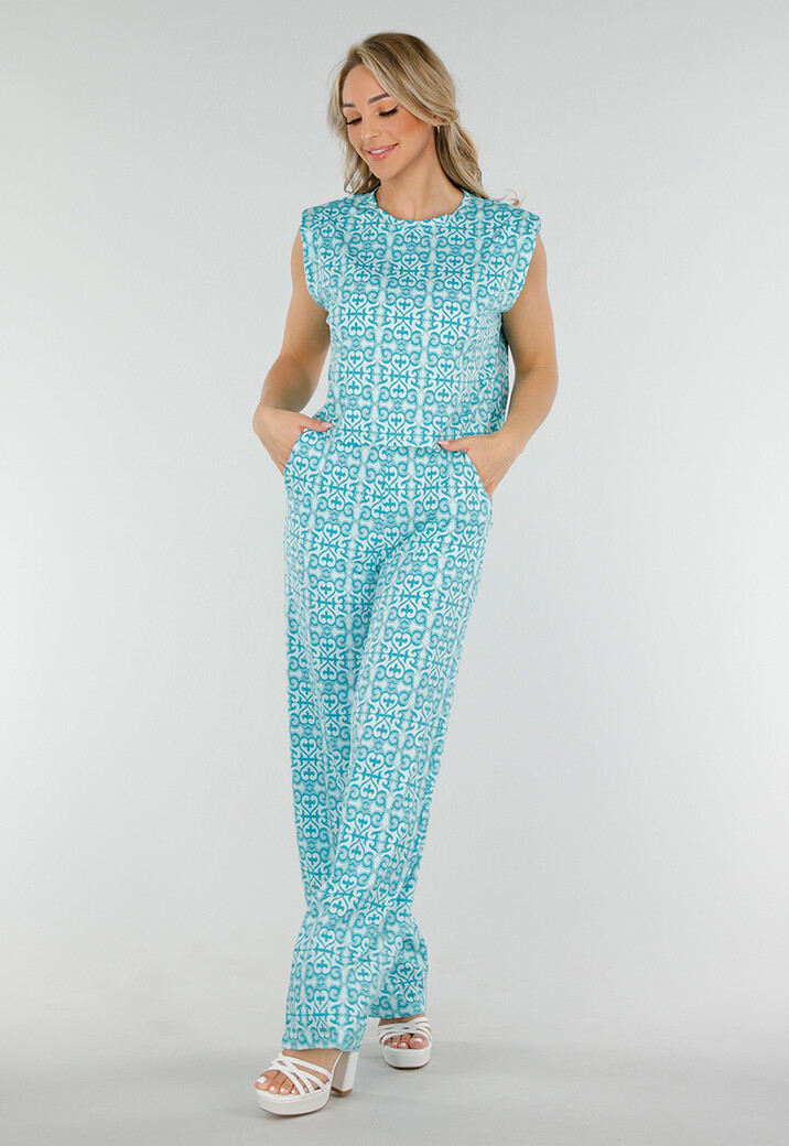 Mouwloze Azuurblauwe Stretch Loose Fit Top met Barokprint en Schoudervulling