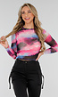 Zwart Roze Watercolor Stretch Mesh Cropped Top met Lange Mouwen en Geplooid Detail