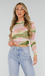 Groen Roze Watercolor Stretch Crop Top met Lange Mouwen en Plooien