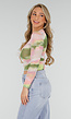 Groen Roze Watercolor Stretch Crop Top met Lange Mouwen en Plooien