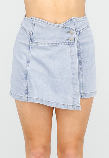 Lichtblauwe High Waist Stretch Denim Skort met Overslag