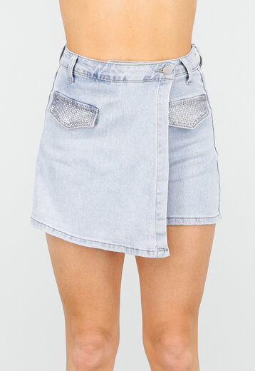 Denim Stretch Skort met Strass Steentjes en Zakken