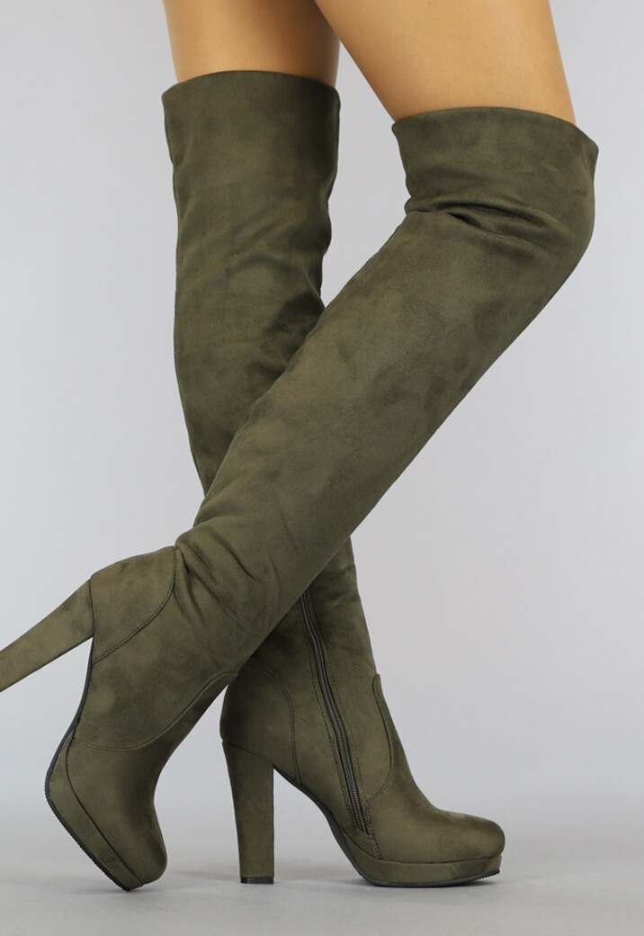 Kaki Suède-Look Overknee Laarzen met Hak