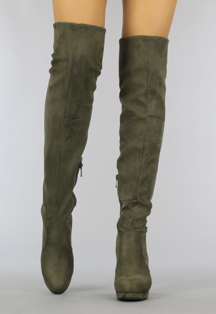 Kaki Suède-Look Overknee Laarzen met Hak