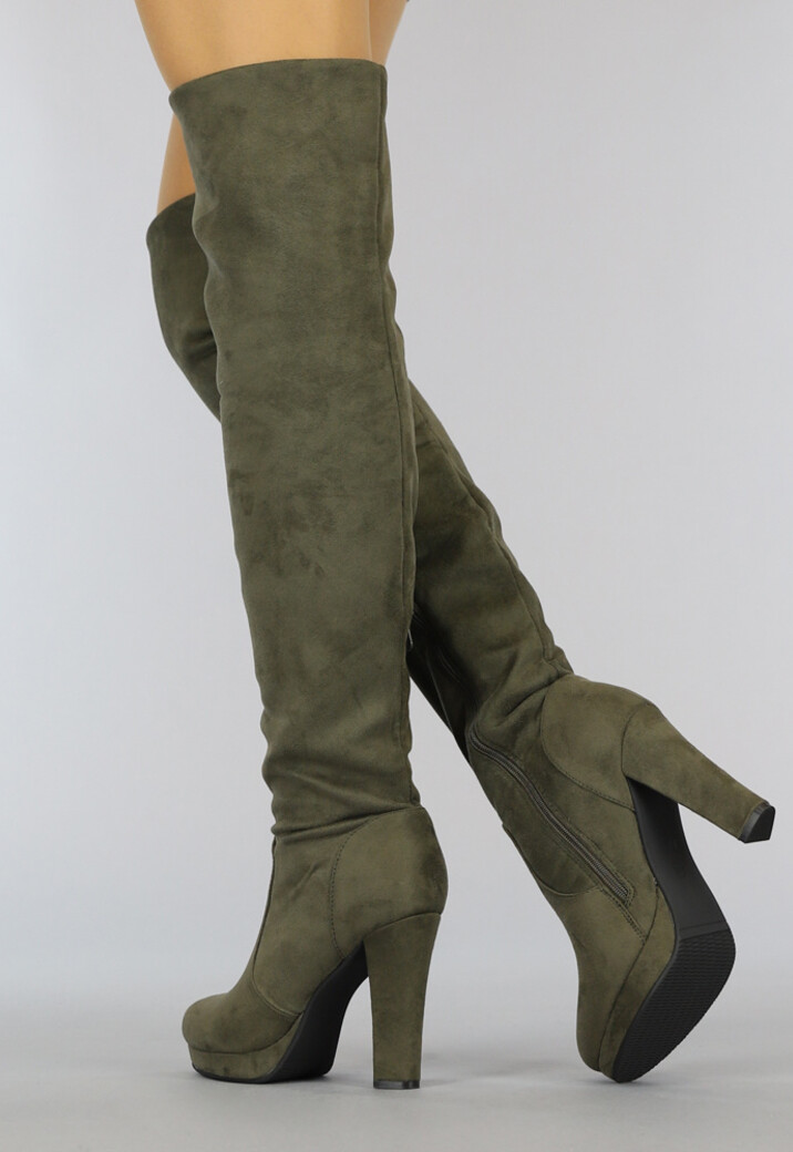 Kaki Suède-Look Overknee Laarzen met Hak