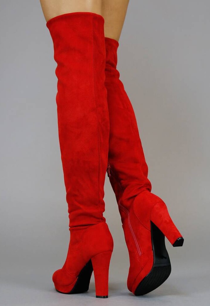 Rode Suède-Look Overknee Laarzen met Hak
