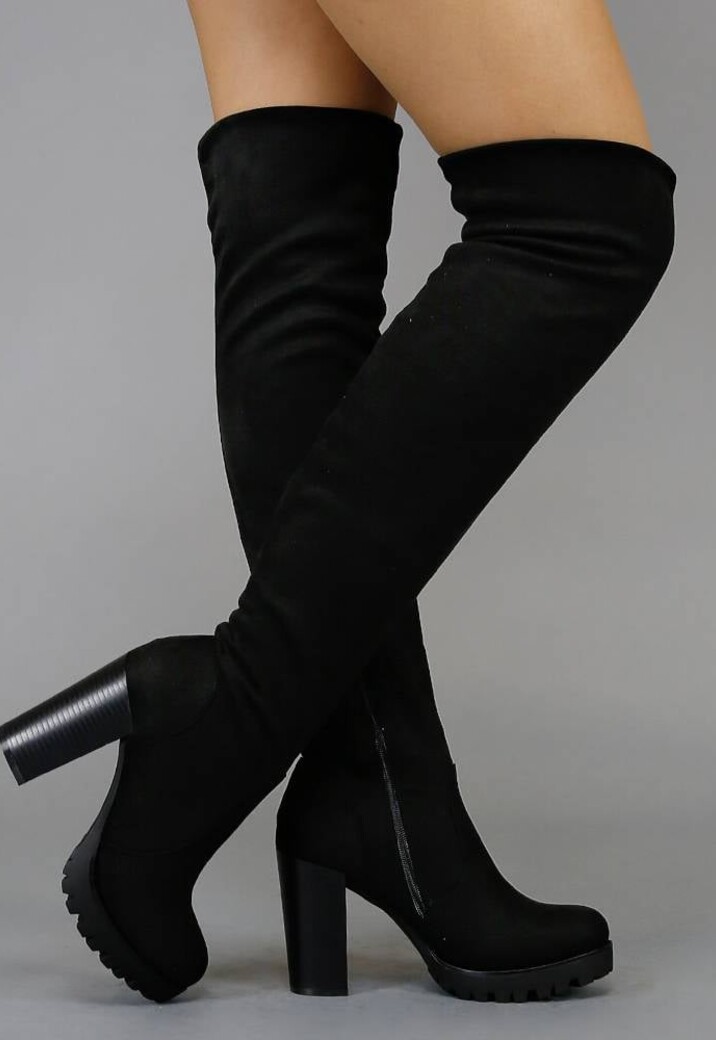 Zwarte Blokhak Suède-Look Overknee Laarzen