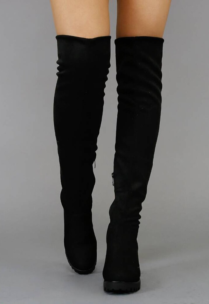 Zwarte Blokhak Suède-Look Overknee Laarzen