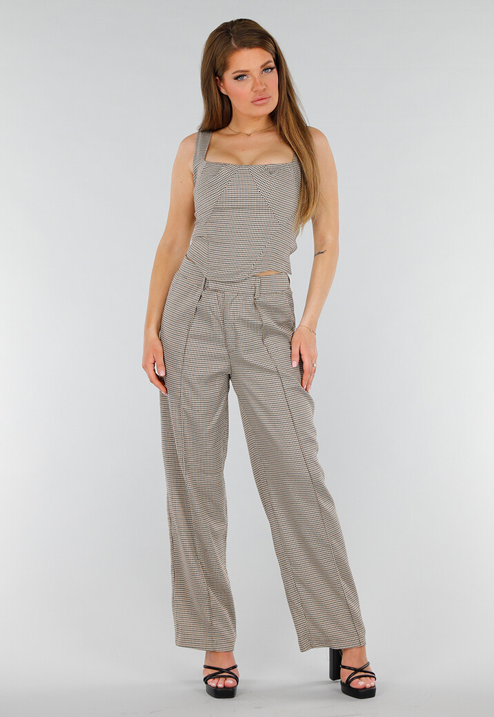 Tweedelige Geruite Stretch Set met Hoge Taille Broek en Korsettop met Baleinen