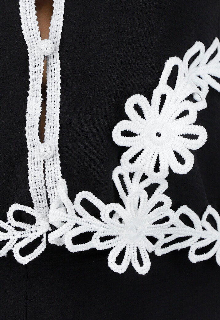 Zwarte Tweedelige Stretch Set met Witte Gehaakte Details en Elastische Tailleband