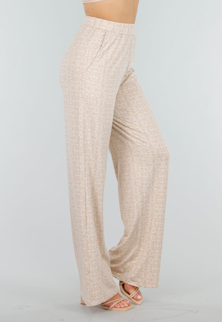 Beige Stretch Barokprint Broek met High Waist Fit