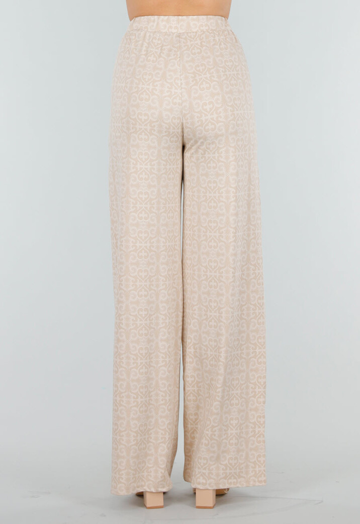 Beige Stretch Barokprint Broek met High Waist Fit