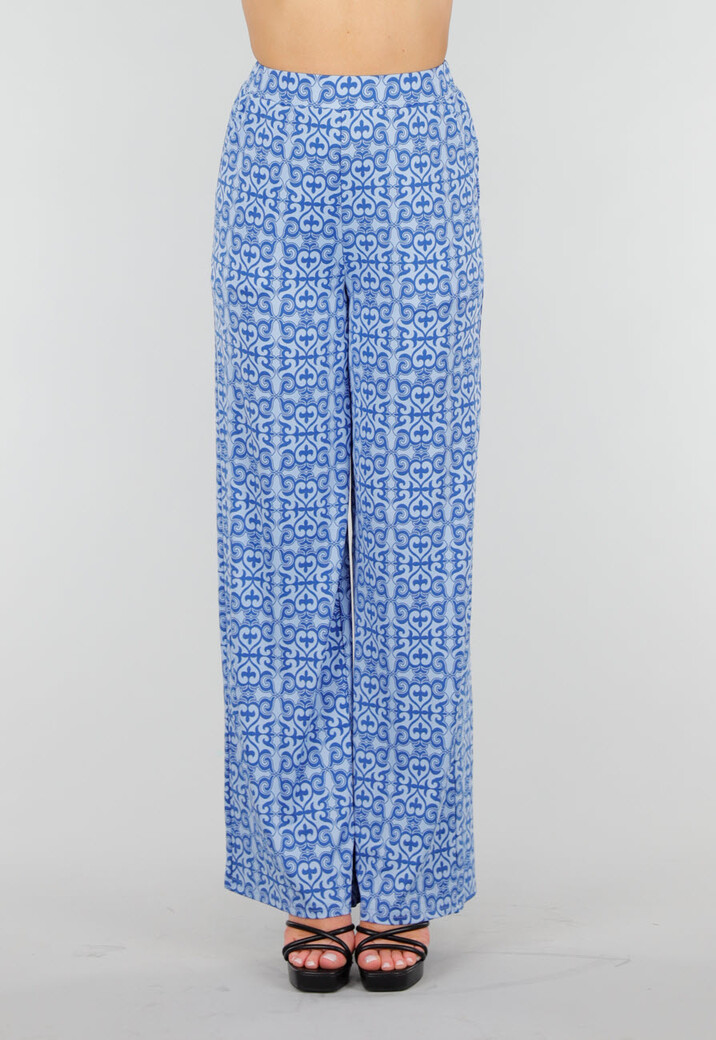 Blauwe High Waist Stretch broek met Barokprint en Elastische Tailleband