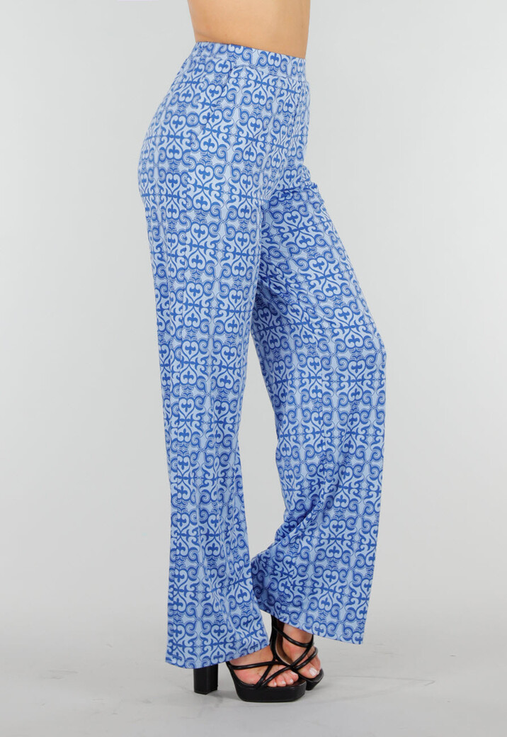 Blauwe High Waist Stretch broek met Barokprint en Elastische Tailleband