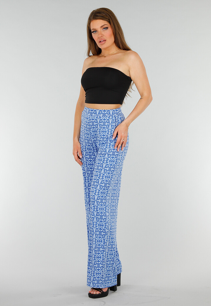 Blauwe High Waist Stretch broek met Barokprint en Elastische Tailleband