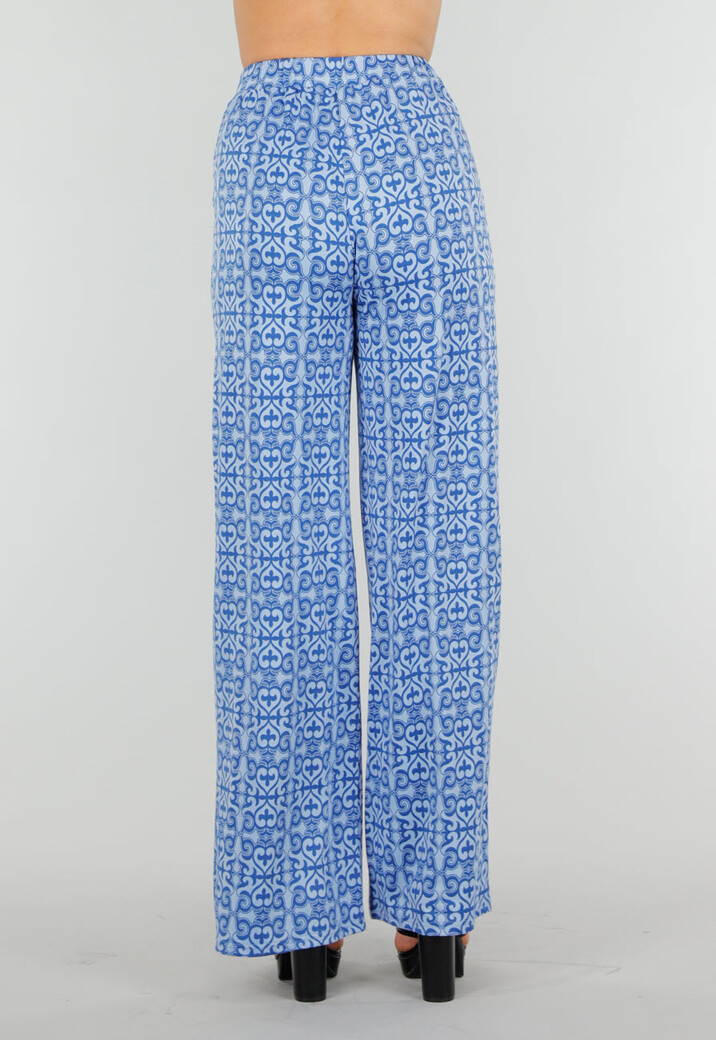 Blauwe High Waist Stretch broek met Barokprint en Elastische Tailleband