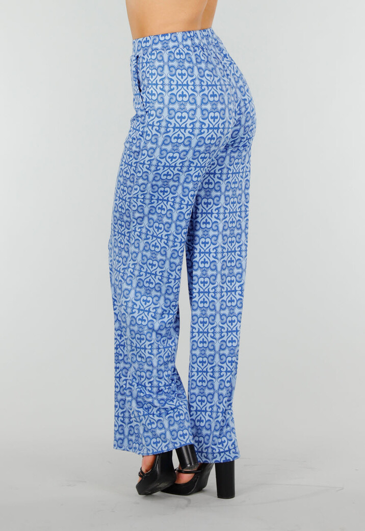 Blauwe High Waist Stretch broek met Barokprint en Elastische Tailleband