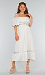 Witte Off Shoulder Maxi Jurk met Ruches en Elastische Tailleband