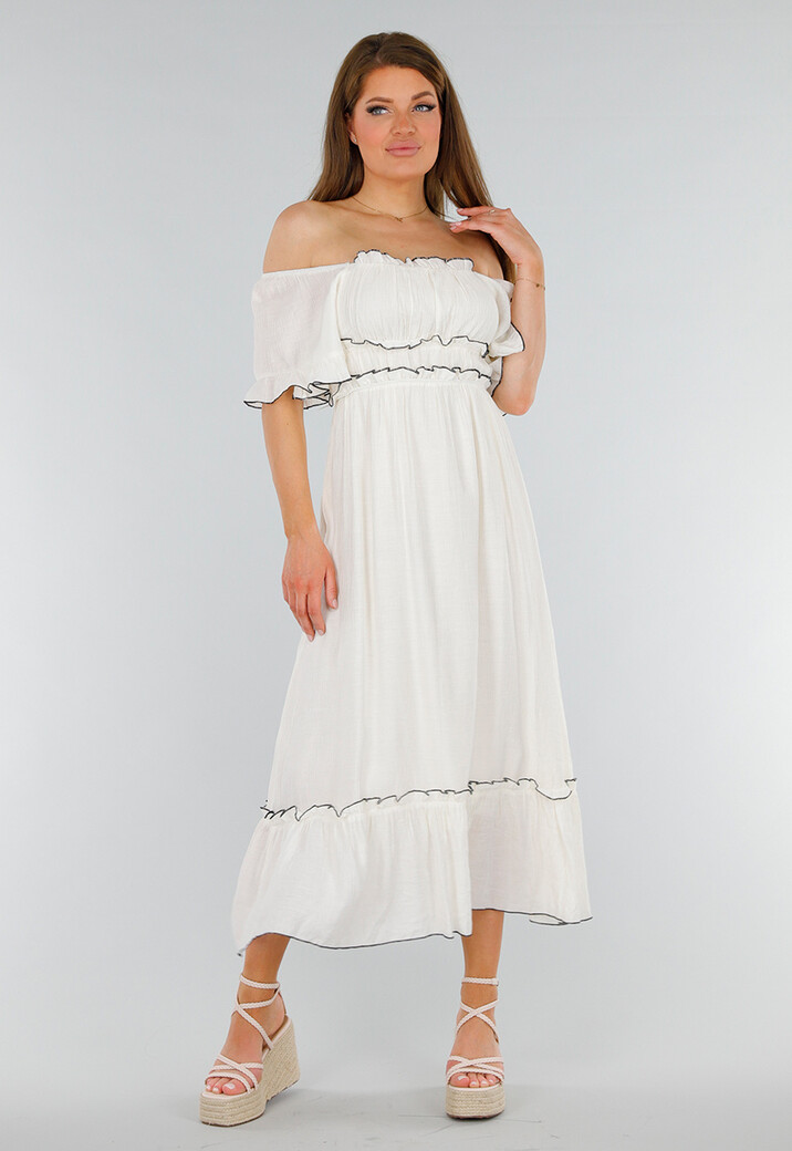 Witte Off Shoulder Maxi Jurk met Ruches en Elastische Tailleband