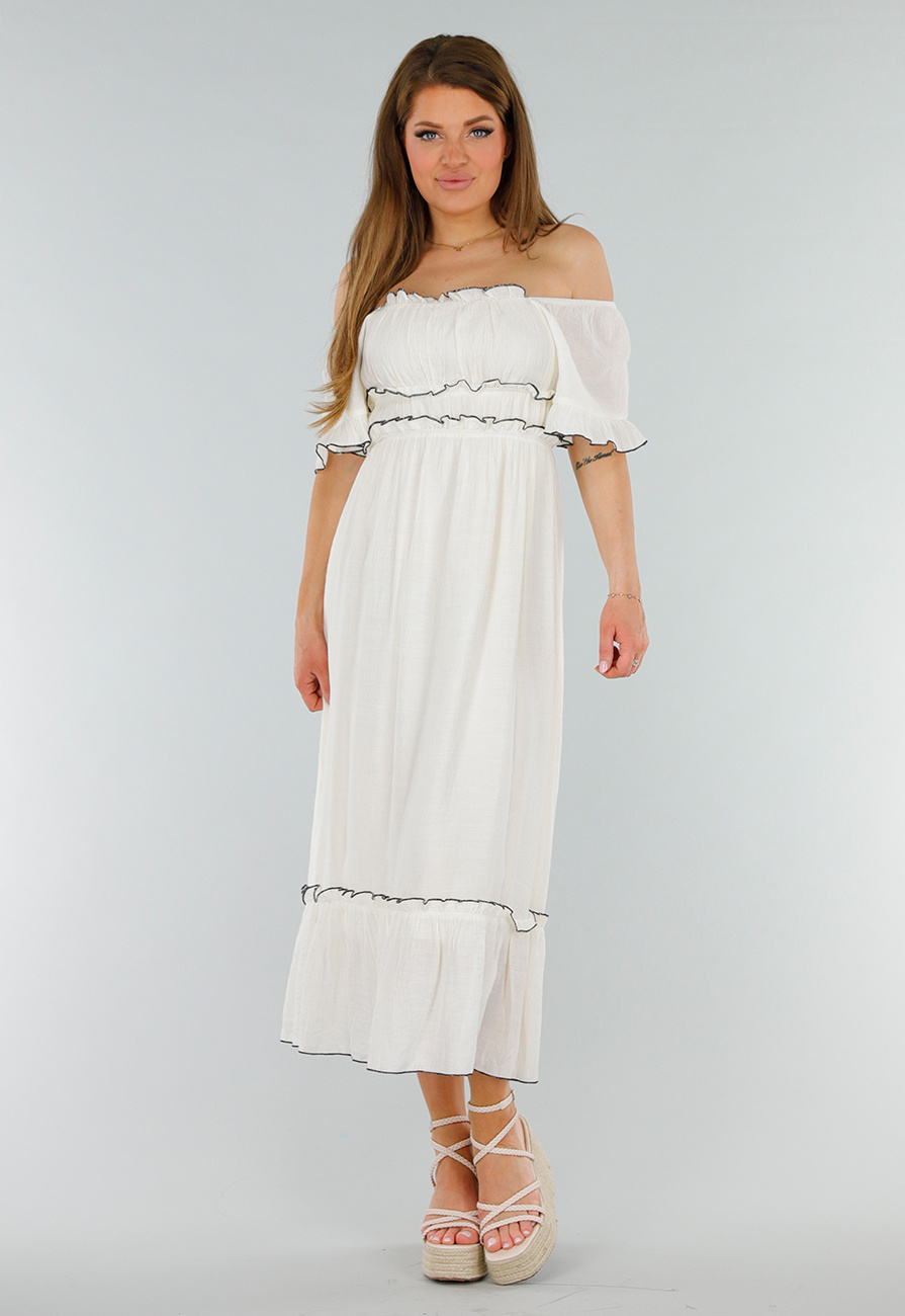 Witte Off Shoulder Maxi Jurk met Ruffles en Stretch