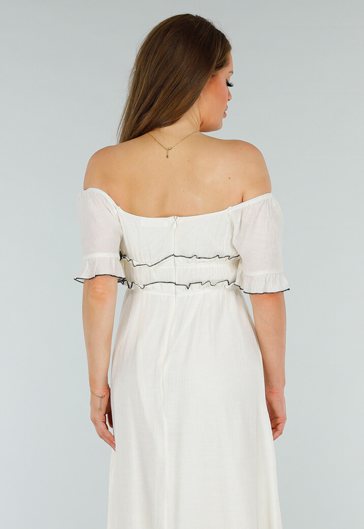 Witte Off Shoulder Maxi Jurk met Ruches en Elastische Tailleband