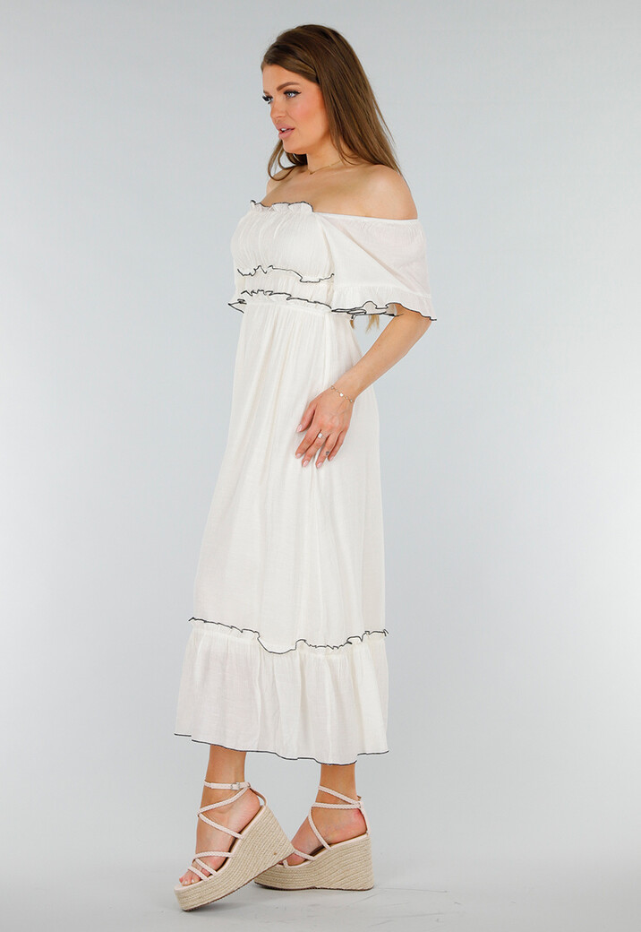 Witte Off Shoulder Maxi Jurk met Ruches en Elastische Tailleband