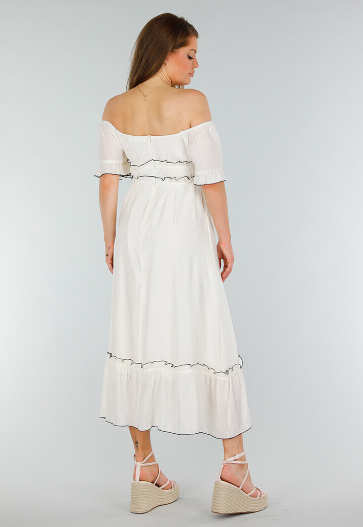 Witte Off Shoulder Maxi Jurk met Ruches en Elastische Tailleband