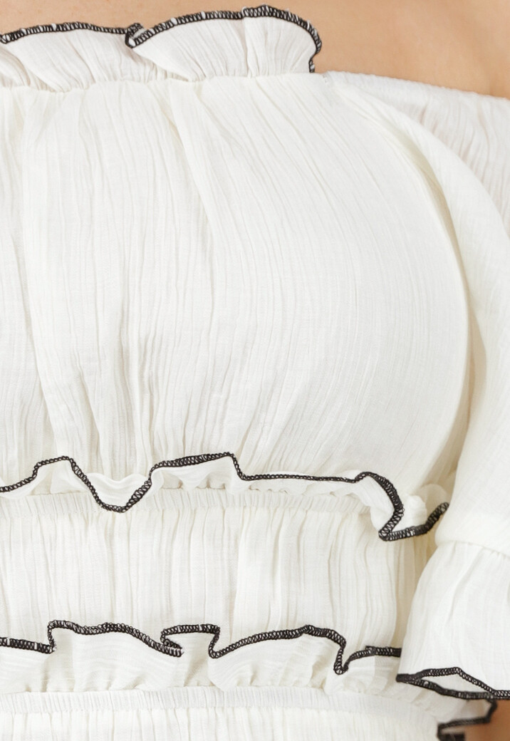 Witte Off Shoulder Maxi Jurk met Ruches en Elastische Tailleband