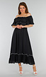 Zwarte Stretch Off Schoulder Maxi Jurk met Witte Details en Elastische Tailleband