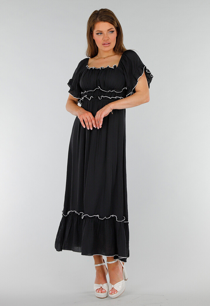 Zwarte Stretch Off Schoulder Maxi Jurk met Witte Details en Elastische Tailleband