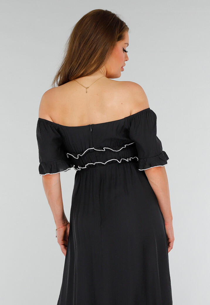 Zwarte Stretch Off Schoulder Maxi Jurk met Witte Details en Elastische Tailleband